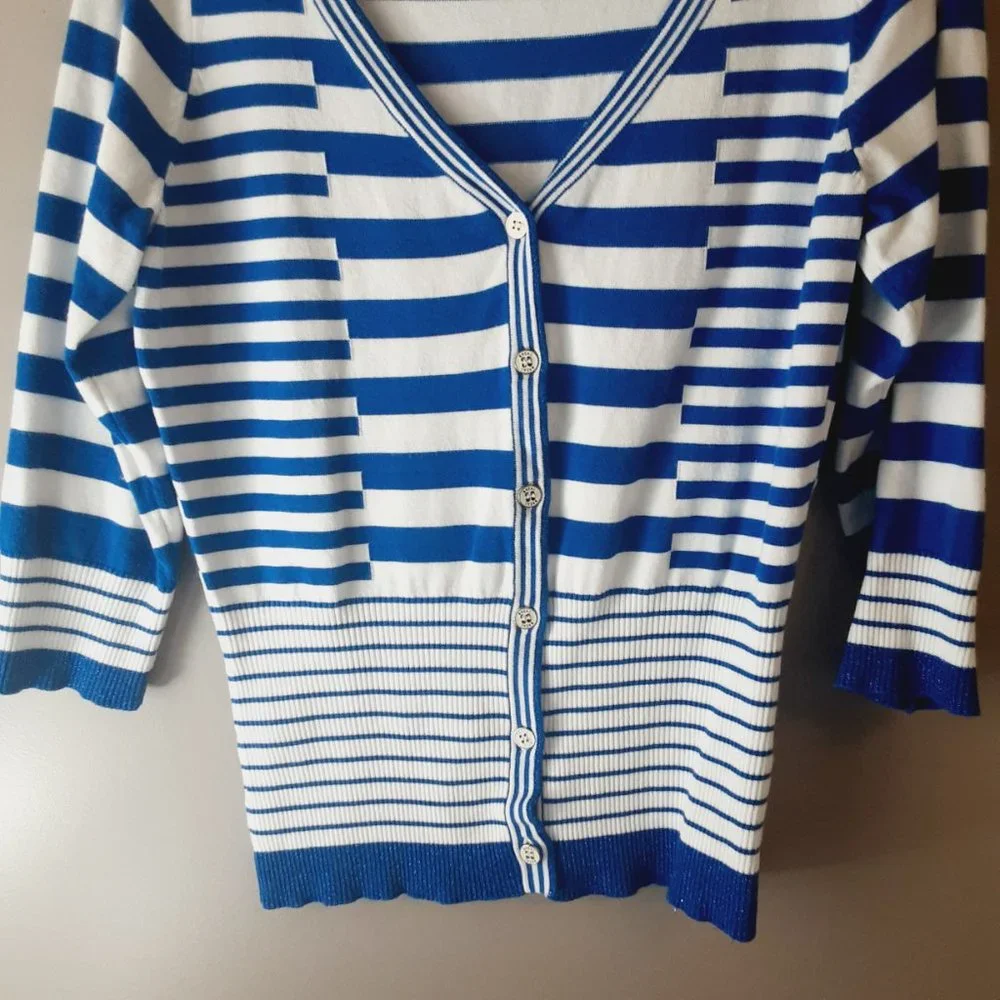 Belldini Striped Cardigan, V-neck, 3/4 Sleeve, Royal Blue & White | Medium - Picture 3 of 14